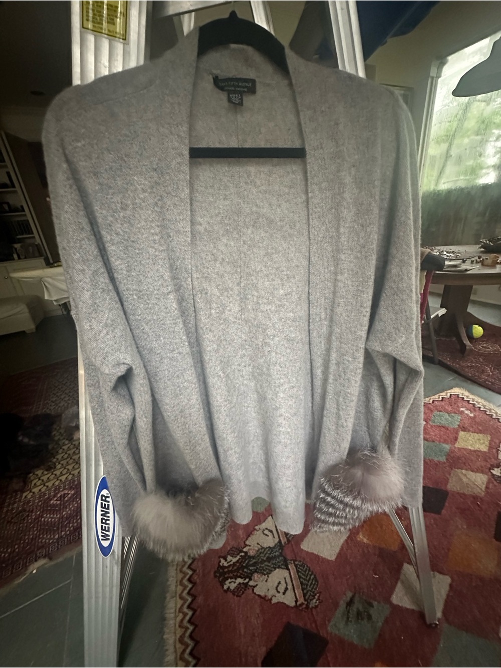Gray Open-Front Cashmere-Blend Cardigan with Fur Trim